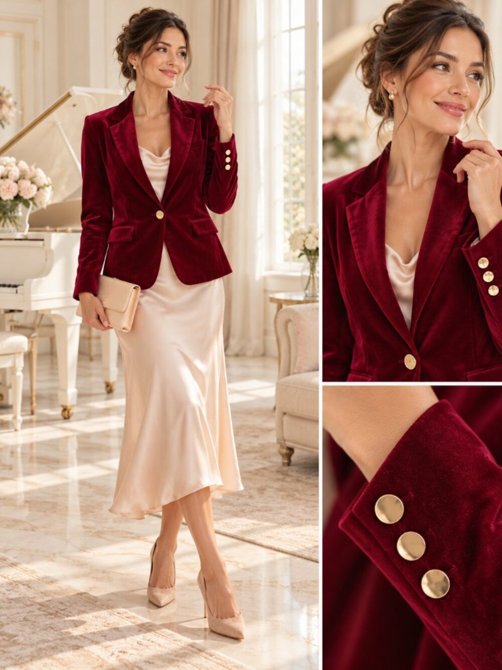 Kaylee Kollection Burgundy Velvet Blazer Jacket Gold Buttons Size M New